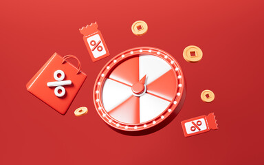 Spinning wheel with gifts, discount coupons, marketing discount promotion concept, 3d rendering.