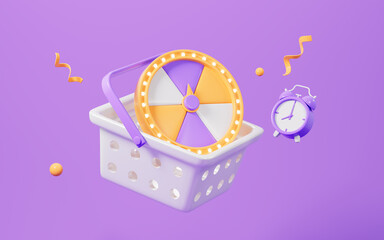 Spinning wheel with gifts, discount coupons, marketing discount promotion concept, 3d rendering.