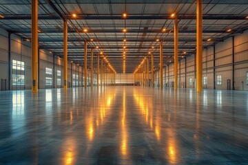 interior view of a clean modern empty warehouse featuring expansive space and high ceilings bathed in bright light that highlights the simplicity and efficiency of industrial design