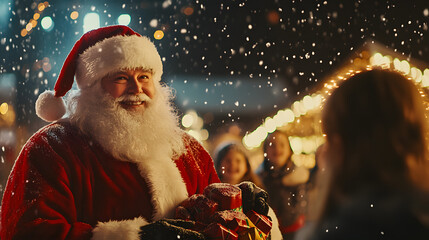 Santa Claus delivering presents at a Christmas festival to children. Closeup image.