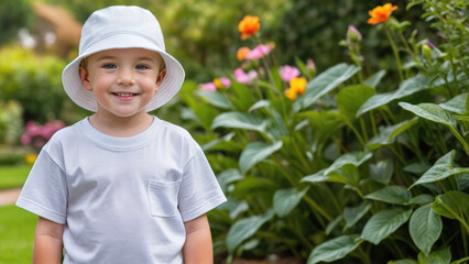 Little boy wearing white t-shirt and white bucket hat standing in the garden