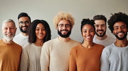 Group of diverse individuals smiling together, showcasing various hair types and styles, dressed in casual attire against a neutral background.