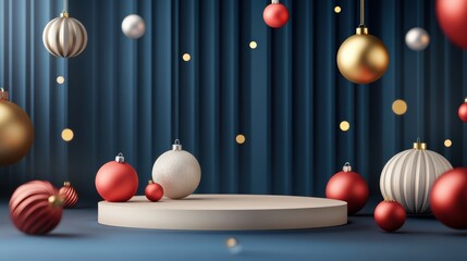 Wall Mural - 3d podium platform surrounded by abstract christmas ornaments and new year party elements, creating 