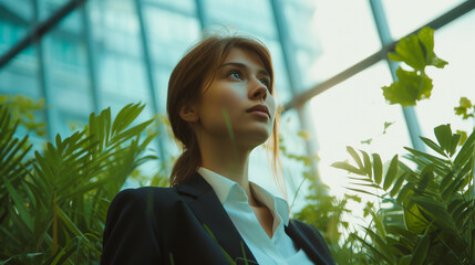 Wall Mural - A woman in a business suit is sitting in a lush green field