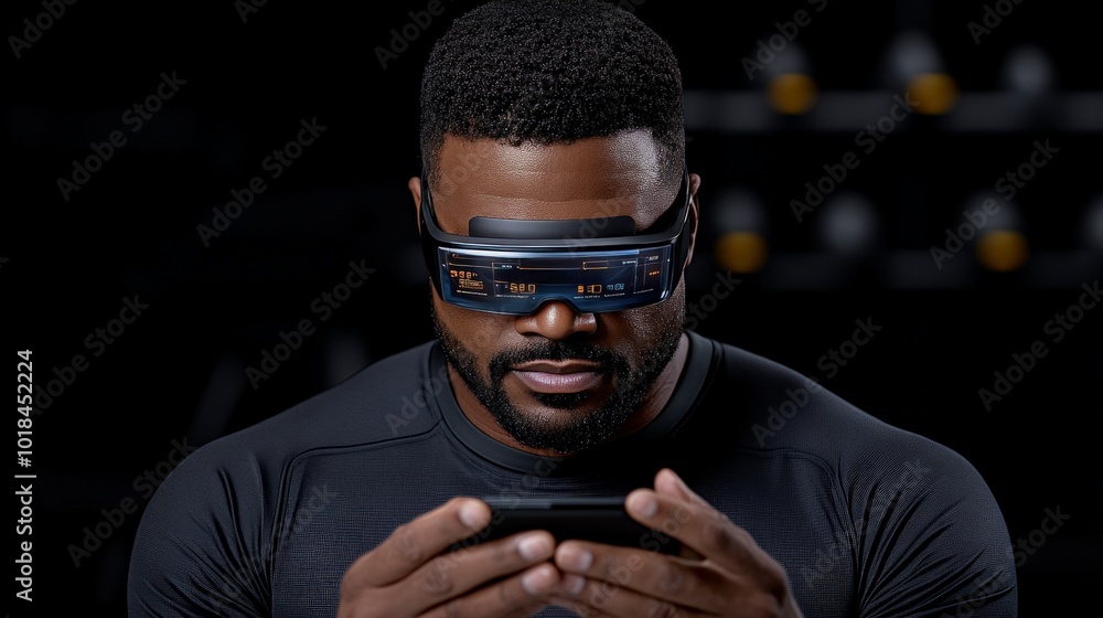 Tech Visionary: A focused Black man wearing futuristic smart glasses ...