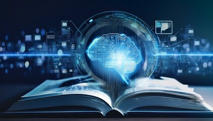 A high tech image of an open book with a holographic brain imagery with a big data background; graphic design and graphic illustration; technology and data