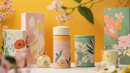 Eco-friendly packaging for floral-themed products, featuring recyclable materials and vibrant nature-inspired designs