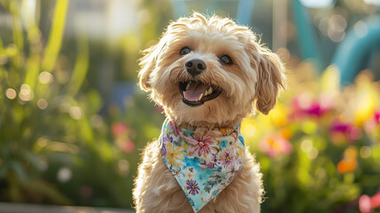 Floral-themed fashion accessories designed for pets, like colorful collars and bandanas, worn by dogs in a playful outdoor setting