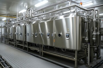 Industrial stainless steel tanks and piping in a factory