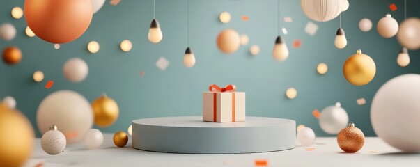 Wall Mural - conceptual 3d podium with geometric holiday elements, including christmas lights and new year confet