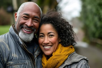 Poster - African american couple in the park smiling and looking at camera.