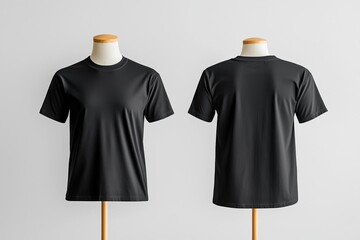 Wall Mural - Black t-shirt mock-up with front and back views, displayed on a mannequin, simple background, clean texture for customizable designs