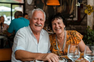 Poster - Portrait of a happy senior couple sitting in a restaurant and laughing