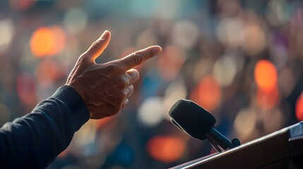 Politician standing at a podium hand raised as they make a public pledge or political promise to an audience  Concept of civic leadership government transparency and democratic accountability