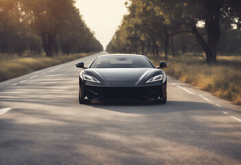 Beautiful car close-up on empty road. Trip, speed, new car, travel, distance, petrol, fuel