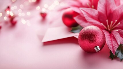 Wall Mural - festive pink poinsettia and shimmering red ornament create a magical holiday ambiance on soft rosy b