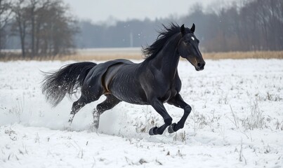 Black horse running through snow.