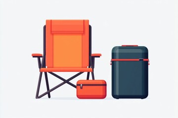 Wall Mural - Minimalist icons depicting essential camping and outdoor recreation gear   a foldable camp chair  a portable cooler  and a backpack  all neatly arranged on a clean white background  This simple