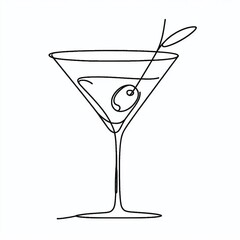 A one-line sketch of a martini glass with an olive, representing a refined and classic cocktail style