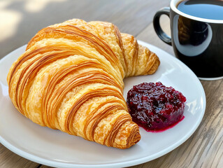 A cozy, top-down breakfast scene featuring freshly baked golden croissants on a dark wooden table