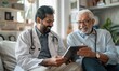 © Onchira - Happy geriatric young doctor and senior patient man discussing modern technology, healthcare, using digital tablet together, looking at display in practitioner office