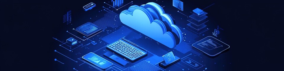  An abstract isometric design representing cloud services, specifically tailored for blogs, banners, and advertisements. This AI-generated wallpaper features a high-tech background that embodies the e