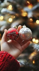 Wall Mural - Hand holding festive red and silver Christmas baubles against a blurred background of twinkling lights, capturing the warmth and magic of holiday decorations.