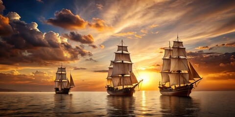 Three antique ships sailing into the sunset on the open sea, sunset, sea, ocean, ships, boats, vintage, historical