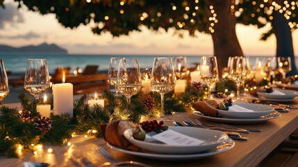 A Christmas table set for a festive feast, with candles, evergreen garlands, and sparkling wine glasses outdoor In the middle of the background By the sea scenery