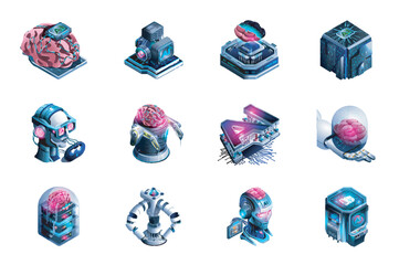 Fototapete - Artificial intelligence web concept of 3d isometric icons set in isometry design. Machine learning, smart robots, engineering cyborg mind, microchips with neural system, other. Vector illustration.