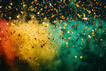 Wall Mural - golden confetti falling on a colorful, blurry background