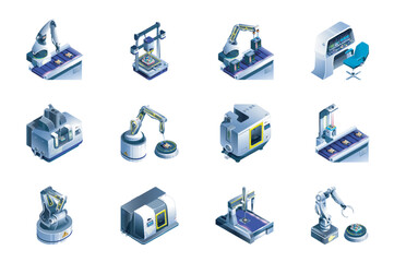 Fototapete - Automation of production web concept of 3d isometric icons set in isometry design. Robotic arms for conveyor, automatic manufacturing line, microchip processing, printing, other. Vector illustration.