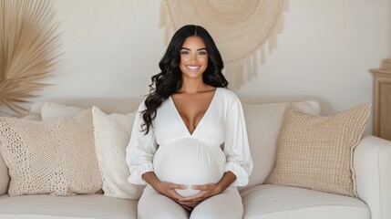 A pregnant woman smiling while holding her belly, sitting in a bright, cozy bedroom.