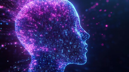 Abstract digital human head made of purple and blue pixels with light streaks on the background