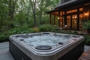 inviting bubbling hot tub nestled in a tranquil backyard surrounded by lush greenery and soft ambient lighting promoting relaxation and leisure