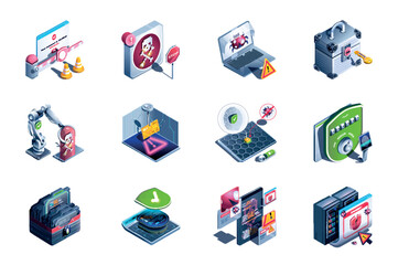 Aufkleber - Cyber security web concept of 3d isometric icons set in isometry design. Firewall shield, stop bugs and viruses, access with key, warning danger, computer technology, other. Vector illustration.