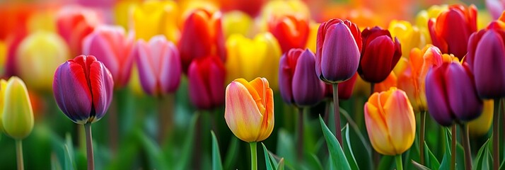 Wall Mural - Vibrant panorama of multicolored tulips in full bloom, showcasing a spectrum from deep purples to bright yellows and reds, set against lush green stems.