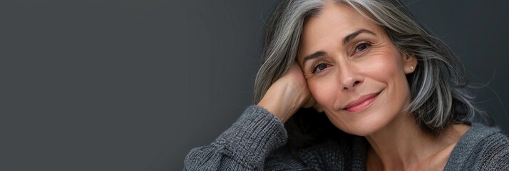 Wall Mural - Radiant mature woman with silver hair and warm smile exudes confidence and grace against dark background, embodying beauty in aging gracefully.