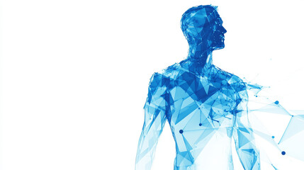 A blue, geometric outline of a man's upper body stands out against a white background. This digital art represents the connection between technology and health.