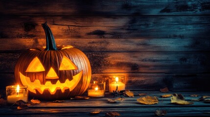 Wall Mural - halloween pumpkin lanterns and candles on dark wood background