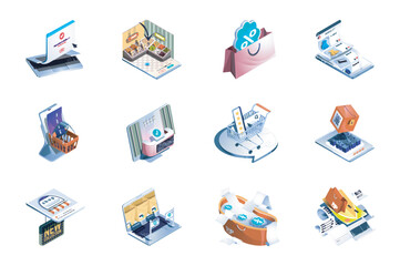 Aufkleber - Shopping web concept of 3d isometric icons set in isometry design. Online store, grocery supermarket, bag, discount, internet shop, basket, payment, cashless pay, checkout, other. Vector illustration.