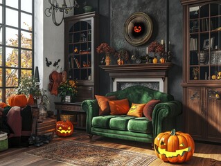 Wall Mural - Cozy living room decorated for Halloween with fireplace and green sofa