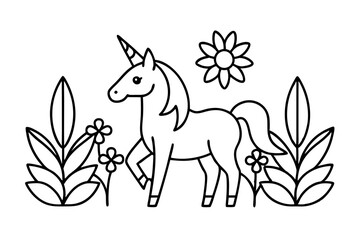 Wall Mural - A unicorn in flower garden, coloring book vector illustration