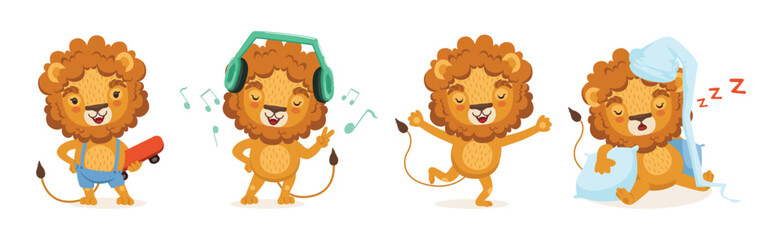 Poster - Cute Lion Character with Orange Mane and Tail Vector Set