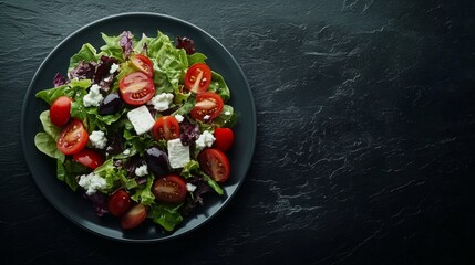 Fresh salad with tomatoes, feta cheese, and lettuce on a black background.