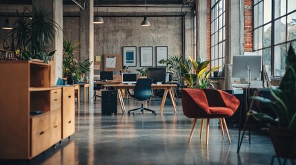 A modern office interior featuring sleek furniture, abundant greenery, and a stylish design, perfect for inspiration and work.