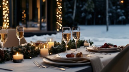 A Christmas table set for a festive feast, with candles, evergreen garlands, and sparkling wine glasses outdoor In the middle of the background snow scenery