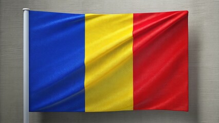 Against a neutral gray backdrop, Romania's vibrant tricolor and Chad's bright yellow, white, and blue stripes create a striking visual contrast between two national flags.