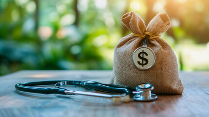 Wall Mural - A money bag and a stethoscope symbolize the link between medical insurance and financial well-being. It highlights the importance of healthcare savings, financial planning