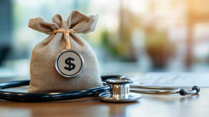 A money bag and a stethoscope symbolize the link between medical insurance and financial well-being. It highlights the importance of healthcare savings, financial planning